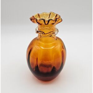 Pilgrim Glass Bud Vase Honey Amber Hand Blown Art Glass Ruffle Rim Vintage
